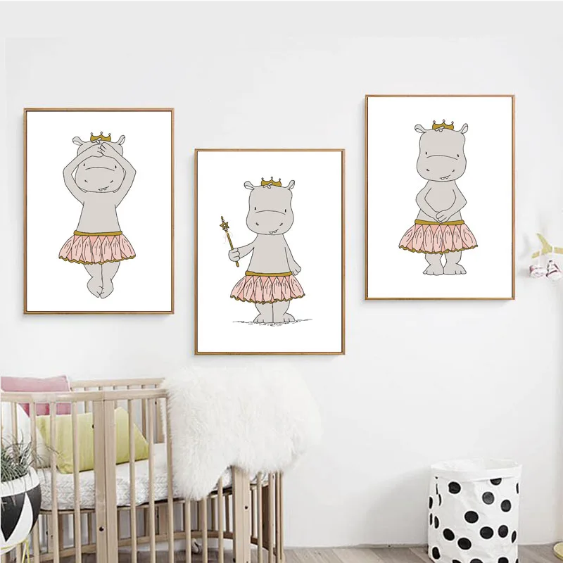 Детская Настенная картина в стиле бегемота принцессы балерина холст милые