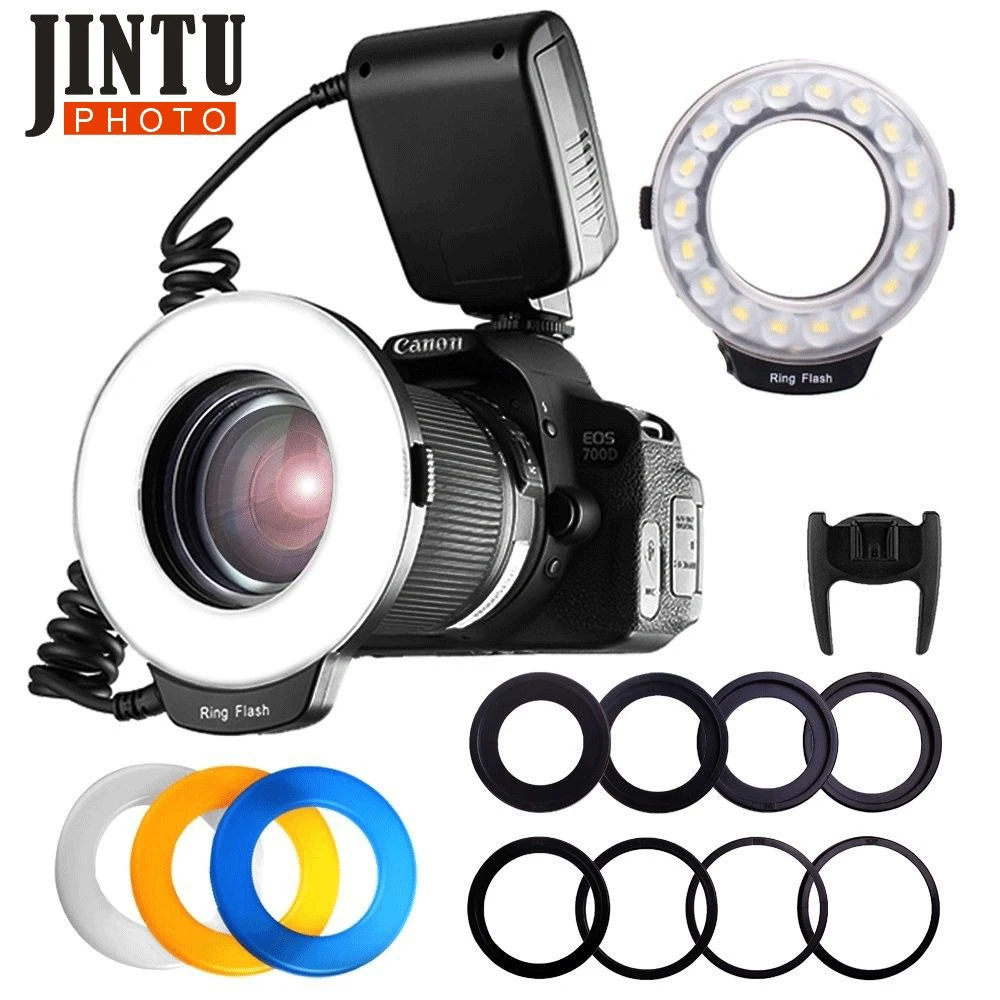 Купи JINTU RF-550 Macro 48 светодиодная кольцесветильник вспышка для камеры Canon 750D 760D T6i T6s 7D Mark II T2i T3i T4i T5 550D 600D 650D 700D за 1,673 рублей в магазине AliExpress