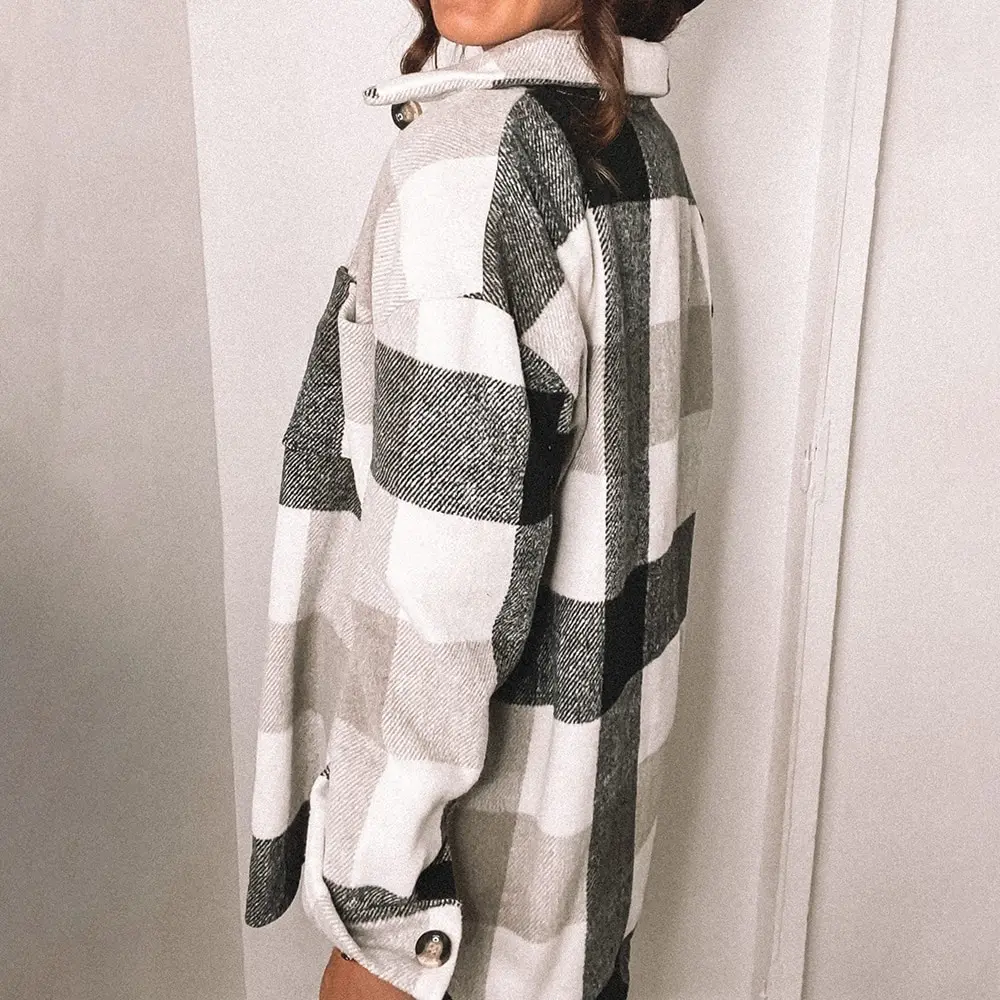 

Women Check Overshirt Turn-down Collar Overshirt With Long Sleeves Fastening With Plastic Buttons Female Top Mujer Fashion Plaid