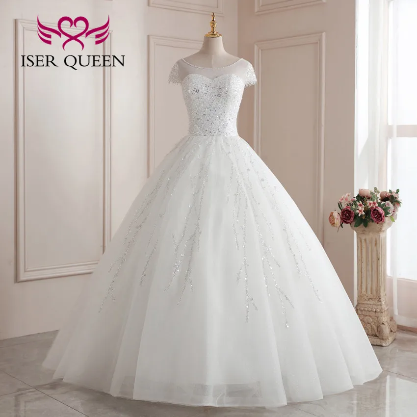 

Прозрачное свадебное платье с коротким рукавом и вырезом под горло, блестящее яркое бальное платье с кристаллами и жемчугом, свадебное платье принцессы, WX0207