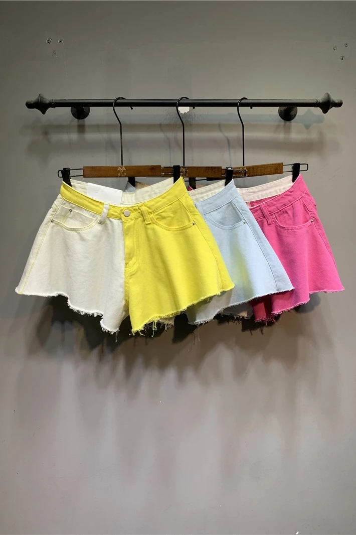 

Personality Contrast Color Jeans 2021summer New Candy Color A- Line Denim Shorts Loose-Fitting Hot Pants High Waist Wide-Leg