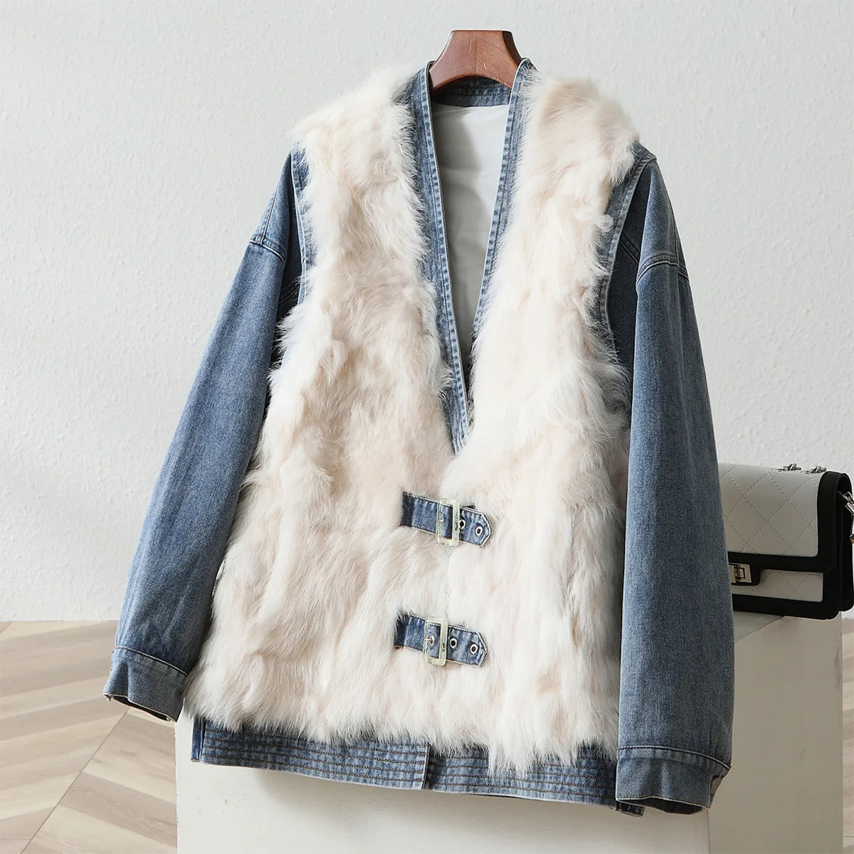 

2021 Autumn Winter Temperament OL Commuter High Quality Wool Stitching Cowboy Blue Fashion Long Sleeve V-neck Real Fur Coat
