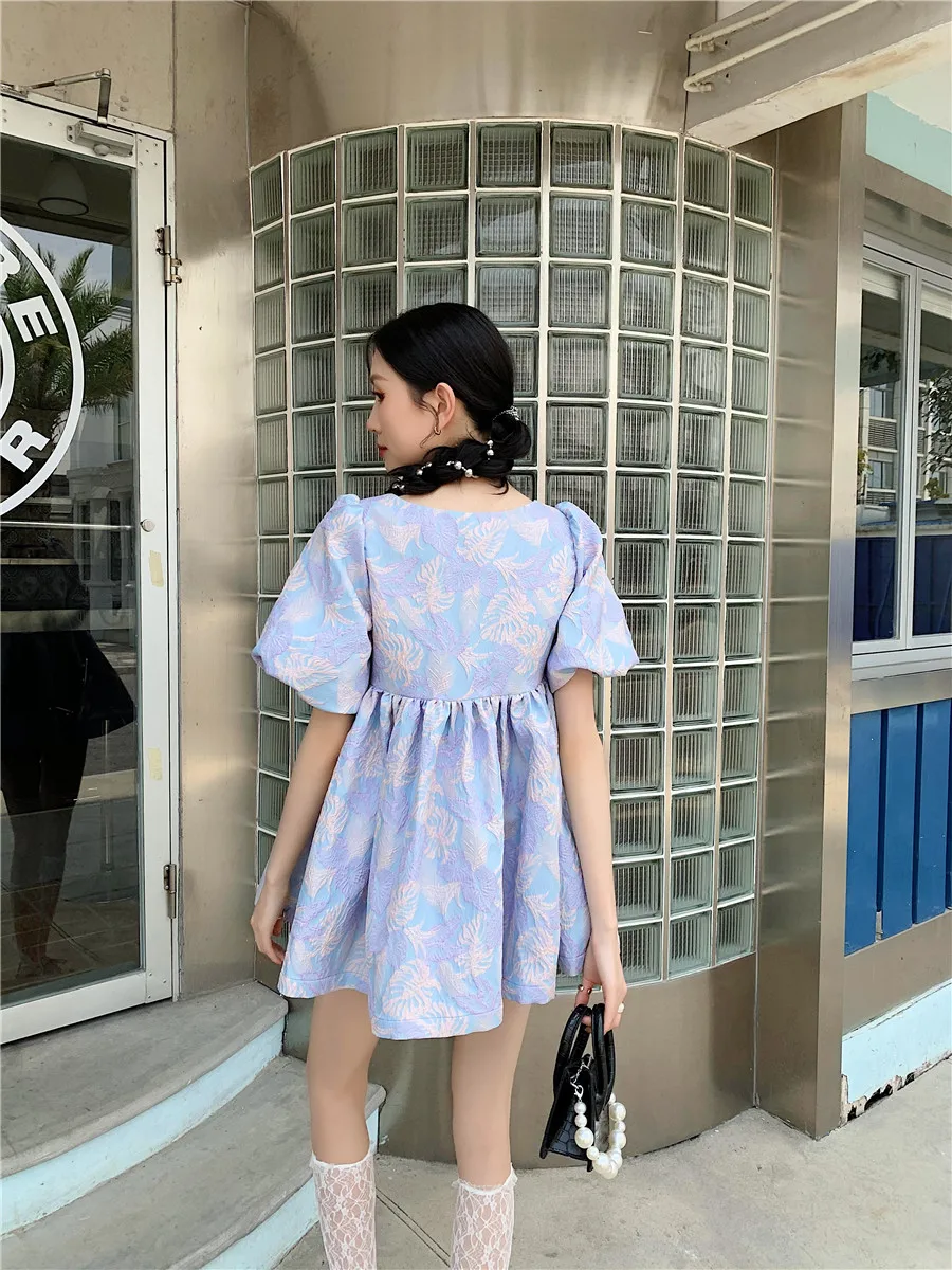 

CHEERART Puff Sleeve Square Neck Lavender Dresses For Women 2021 Summer Short Sleeve Mini Ball Gown Babydoll Dress Korean Style