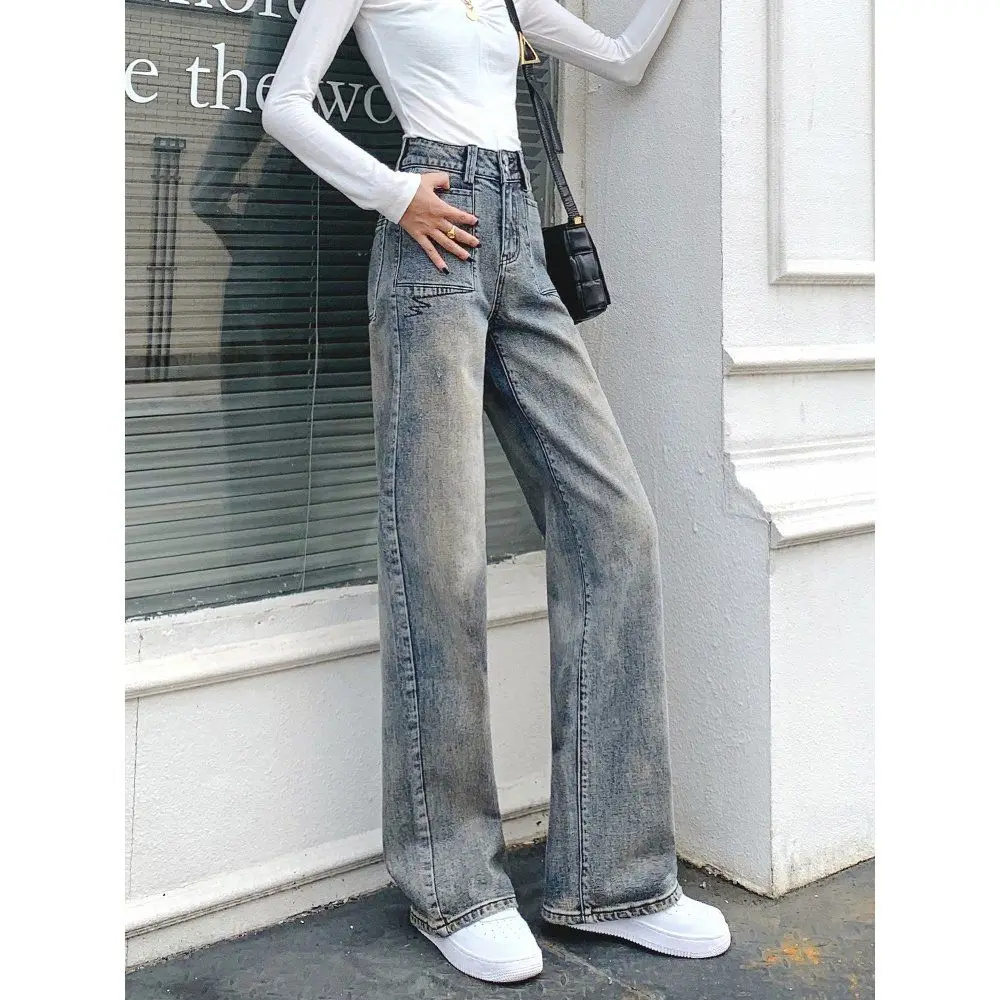 

Retro Wide Leg Jeans Female 2021 Spring And Summer Double Buckle High Waist Loose Distressed Mop Trousers