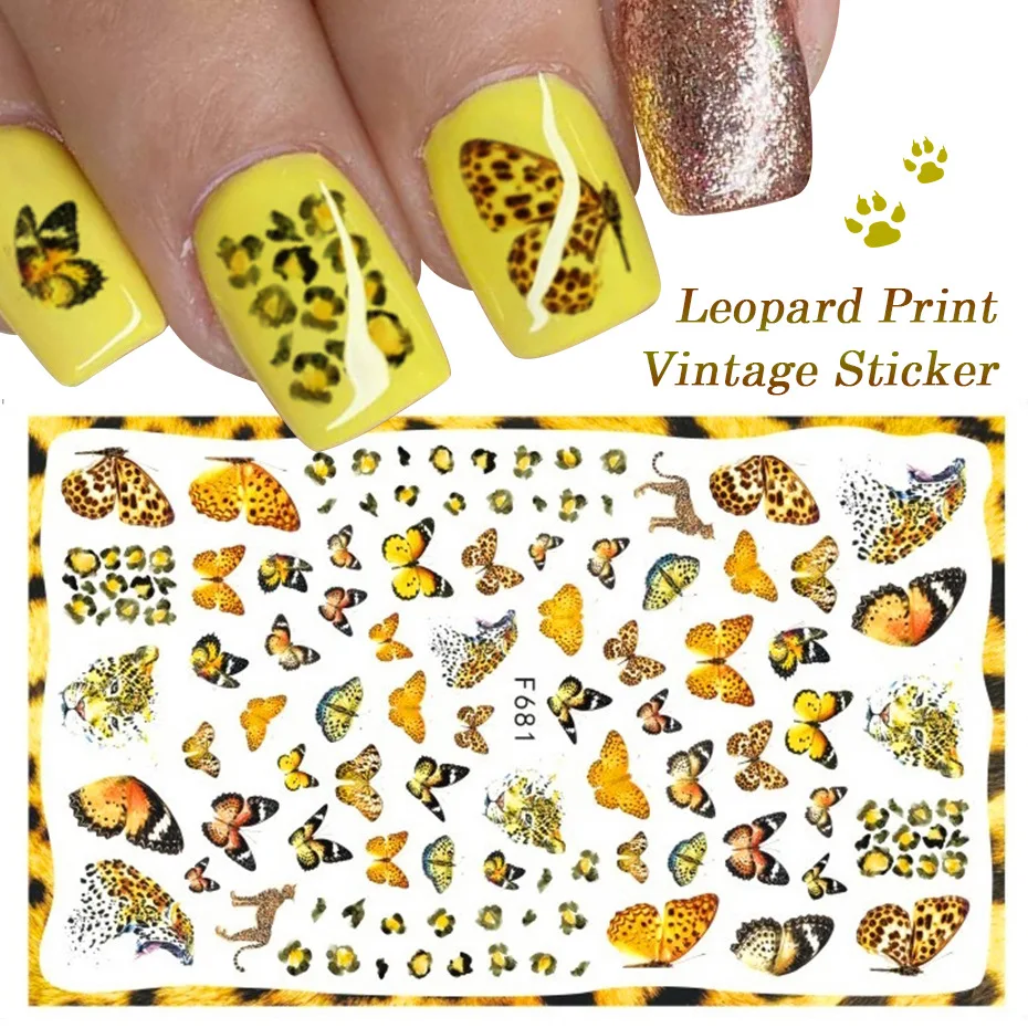 

Vintage Leopard Print Butterfly Vintage Rose Flowers Color Adhesive Nail Stickers Decals Polish Art Decorations Sliders Manicure