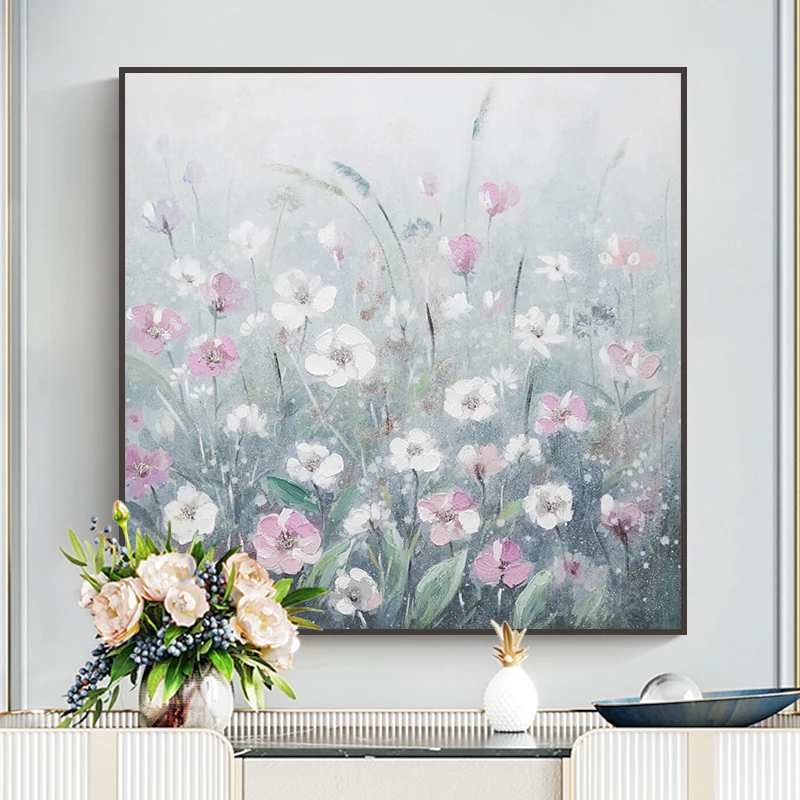 

3D Abstract White And Pink Wildflowers Floral Hand Painted Oil Painting On Canvas Wall Hang Art Living Room Bedroom Decor No Fra