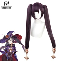rolecos game genshin impact mona cosplay wig mona cosplay long purple wigs with bangs ponytails heat resistant synthetic hair