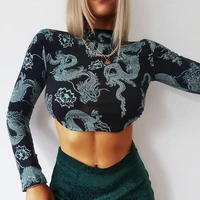 y2k sexy backles long sleeve top dragon pattern print hollow out green women retro vintage cropped tops elastic back lace up tee