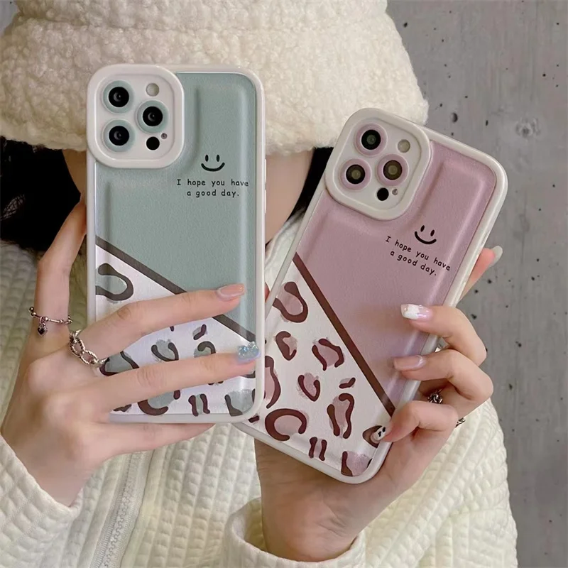 

Luxury Fashion Leopard Print Angel Eyes for Phone Cases for iPhone 13 12 11 Leather Smiley Cover