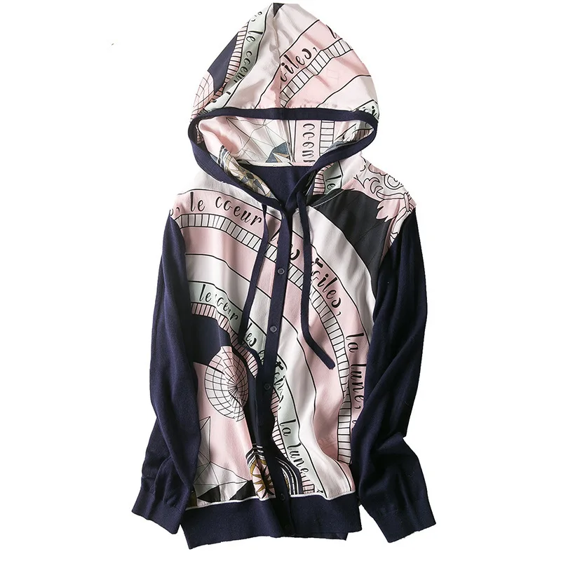 New clothing    European and American wind   Hooded draw string to semicircle printed silk knitted cardigan
