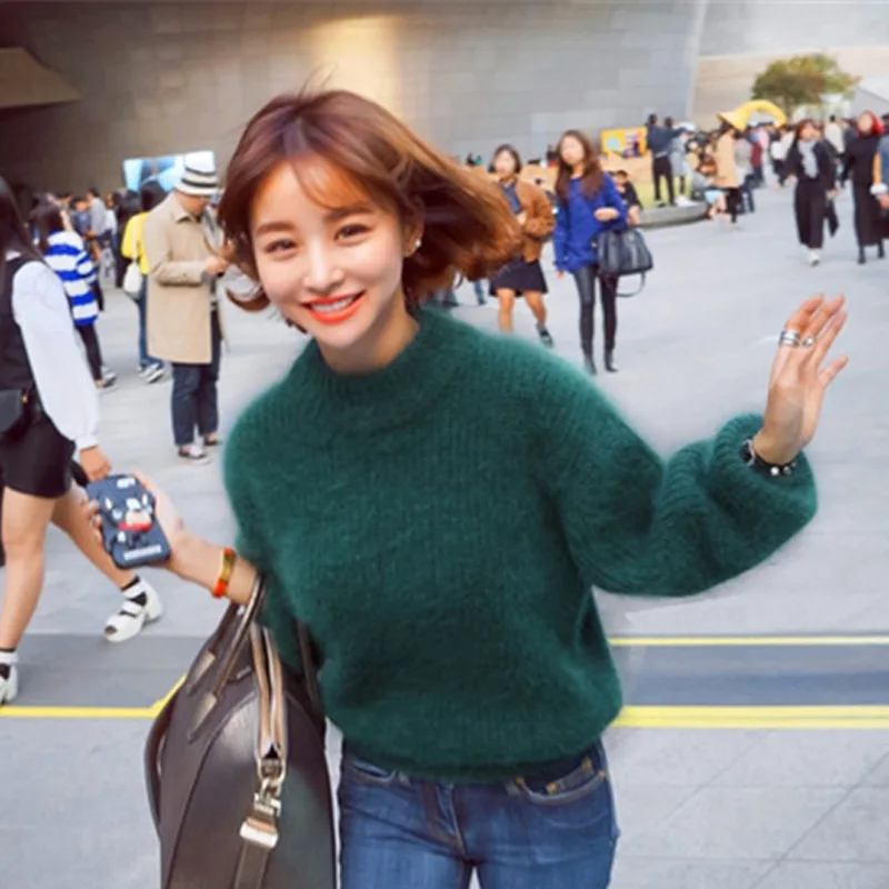 

White Mohair Thicken Turtleneck Sweater Autumn Winter Sweet Fashion Lantern Sleeve Casual Solid Color Pullover pull femme