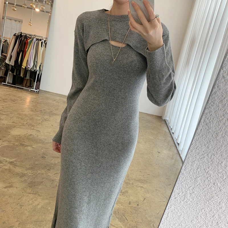 Женское трикотажное платье без рукавов с v-образным вырезом Осеннее однотонное