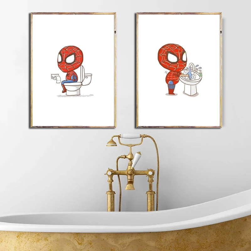 

Superhero Cartoon Bathroom Canvas Print Painting Funny Brushing Bathroom Wall Art Print Poster Boy Bathroom Mural Decoration