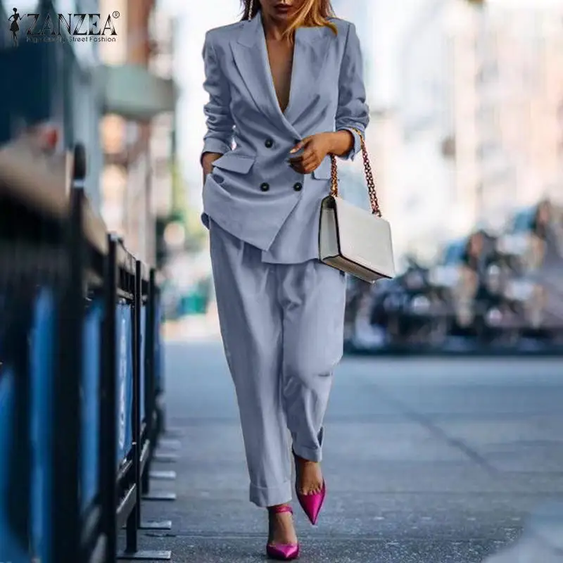 

Женский однотонный офисный пиджак и длинные брюки ZANZEA, модные костюмы из блейзера, осень 2021, двубортные пиджаки, повседневные костюмы из 2 пр...