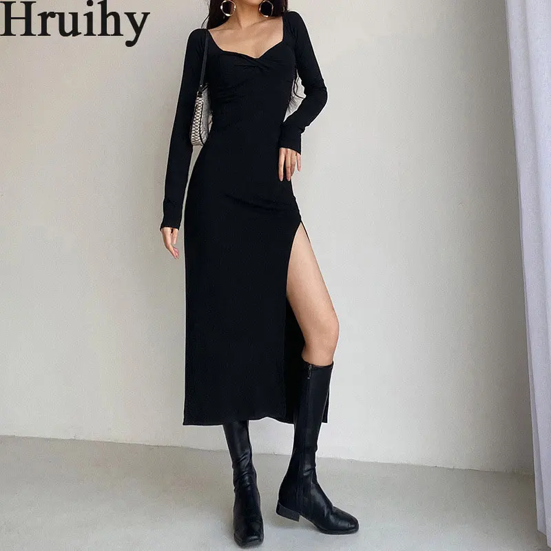 

Vintage Dress Fall Solid Color Skinny Sexy & Club Long Sleeve Dress for Women Thigh Slit Fashion Hot Sale Moda Feminina
