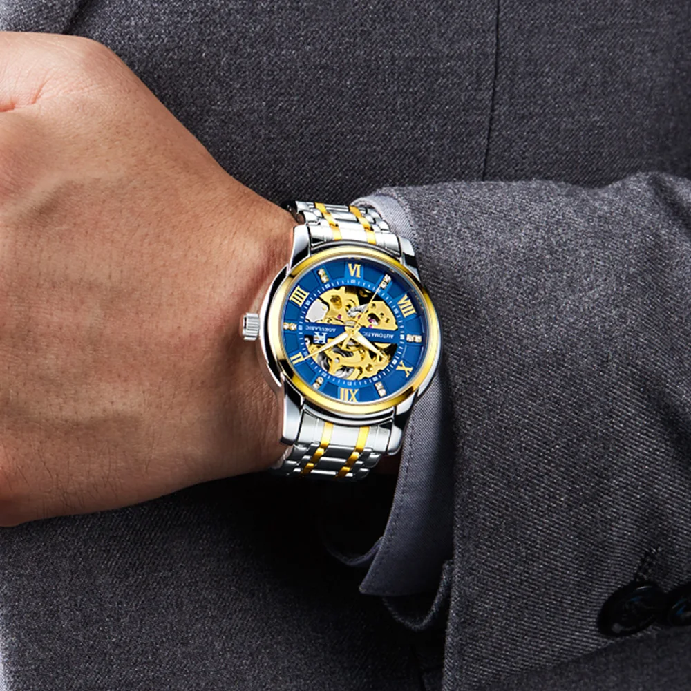 

Fashion Automatic Mechanical Watch Luxury Rhinestone Tourbillon Skeleton Hollow Watch Stainless Steel Self-winding Clock Reloj U