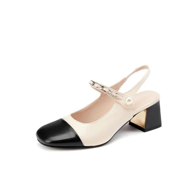 

JETT DRAGON Chain Pearl Apricot Sandals Patent Leather Vintage Shoes Low-heel Big Head Buckle Ballet Crude Heel Square Toe Shoes