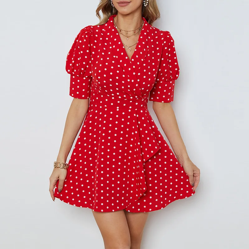

Women's Dress Polka Dot Print V-neck Puff Sleeve Irregular 2021 Summer Ladies Elegant Party Dresses