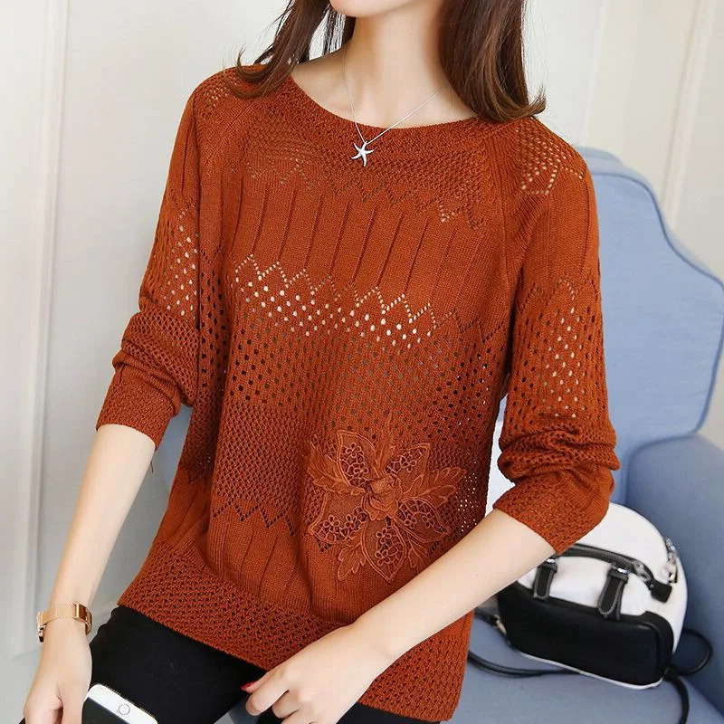 Свитер-пуловер с круглым вырезом ажурный тонкий свитер вышивкой Базовая рубашка