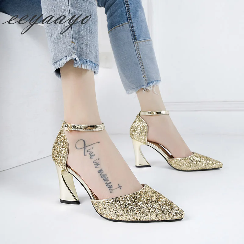 Женские сандалии с ремешком на щиколотке свадебные туфли золотистого цвета