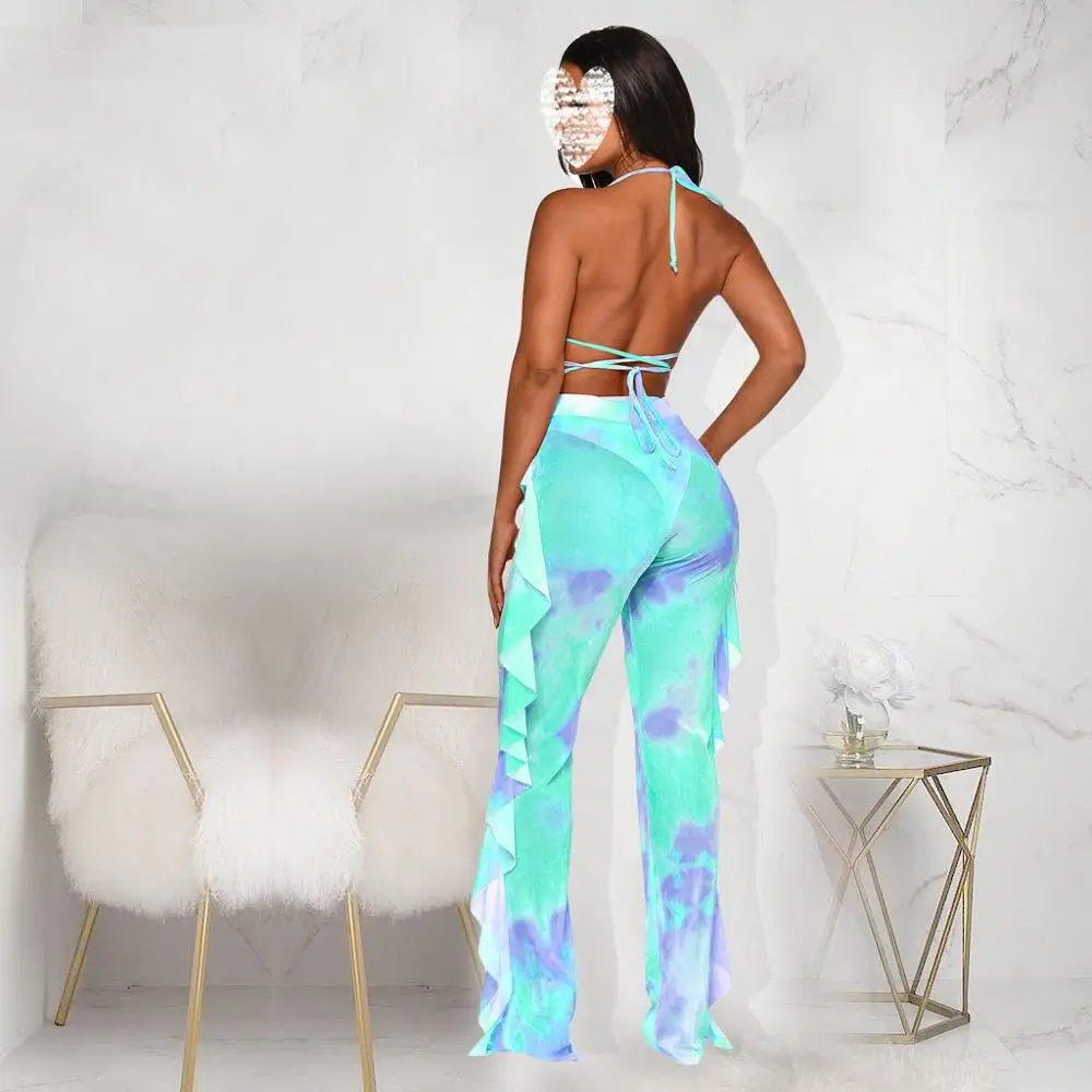 

Women Summer Two Piece Sets Printed Mesh Halter Bra Backless Vest +Ruffles Long Pants Lady Sexy Mesh Outfits Women Summer Sets