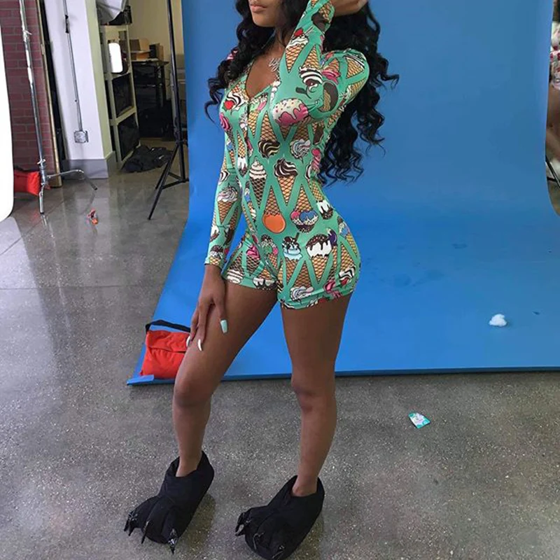 

New Rompers For Women Sexy 2020 Jumpsuit Green Long Sleeve Ice Cream Print Bodycon Nightwear Pajama Playsuit Overall One-piece