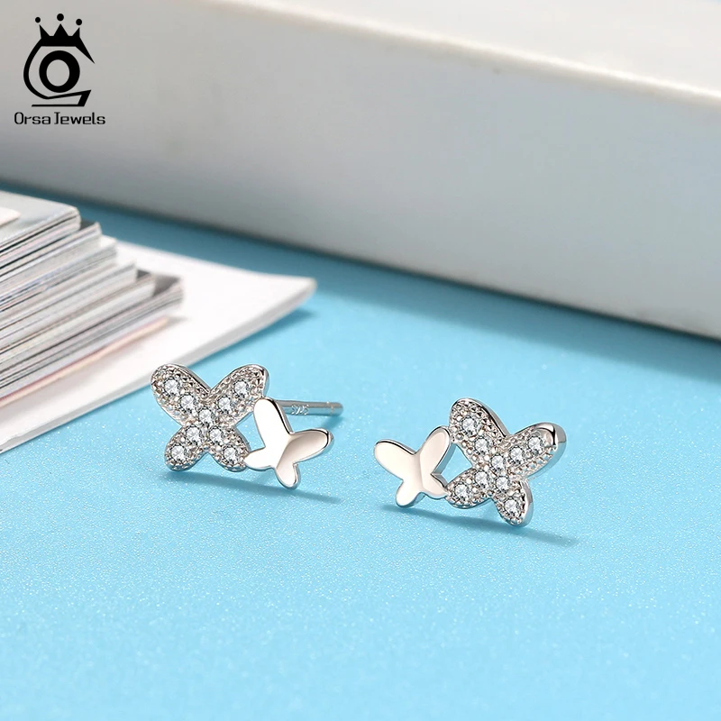 

ORSA JEWELRS 925 Silver Small Stud Earrings with AAAA Zircon Exquisite Butterfly Shape Earring Jewelry Woman Party Gift BE276