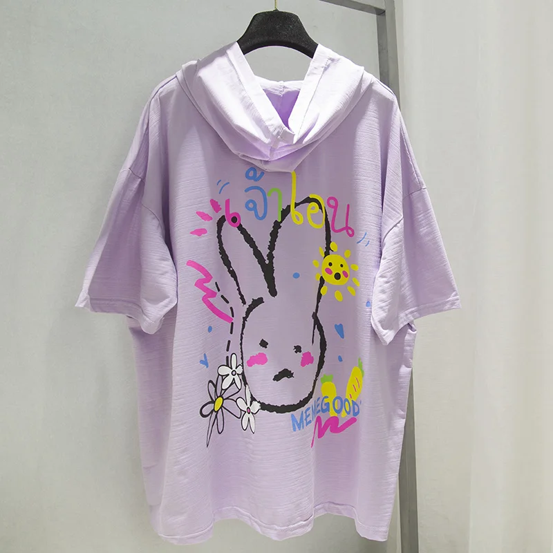 

2021 Summer Short-Sleeved T-shirt Women's Trendy Korean Cartoon Printed Hoodie Large Size Mid-Length Half-Sleeve Top