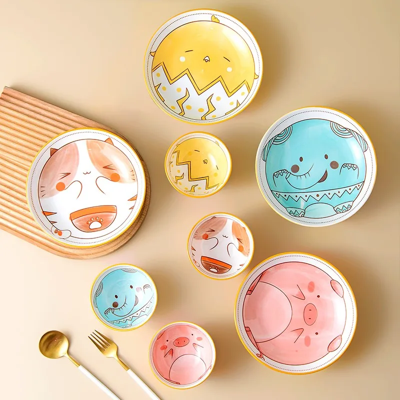 

8-дюймовые милые Мультяшные тарелки, миски, Детская бытовая посуда, набор тарелок для риса, тарелки, посуда для выпечки, керамическая печь, пр...