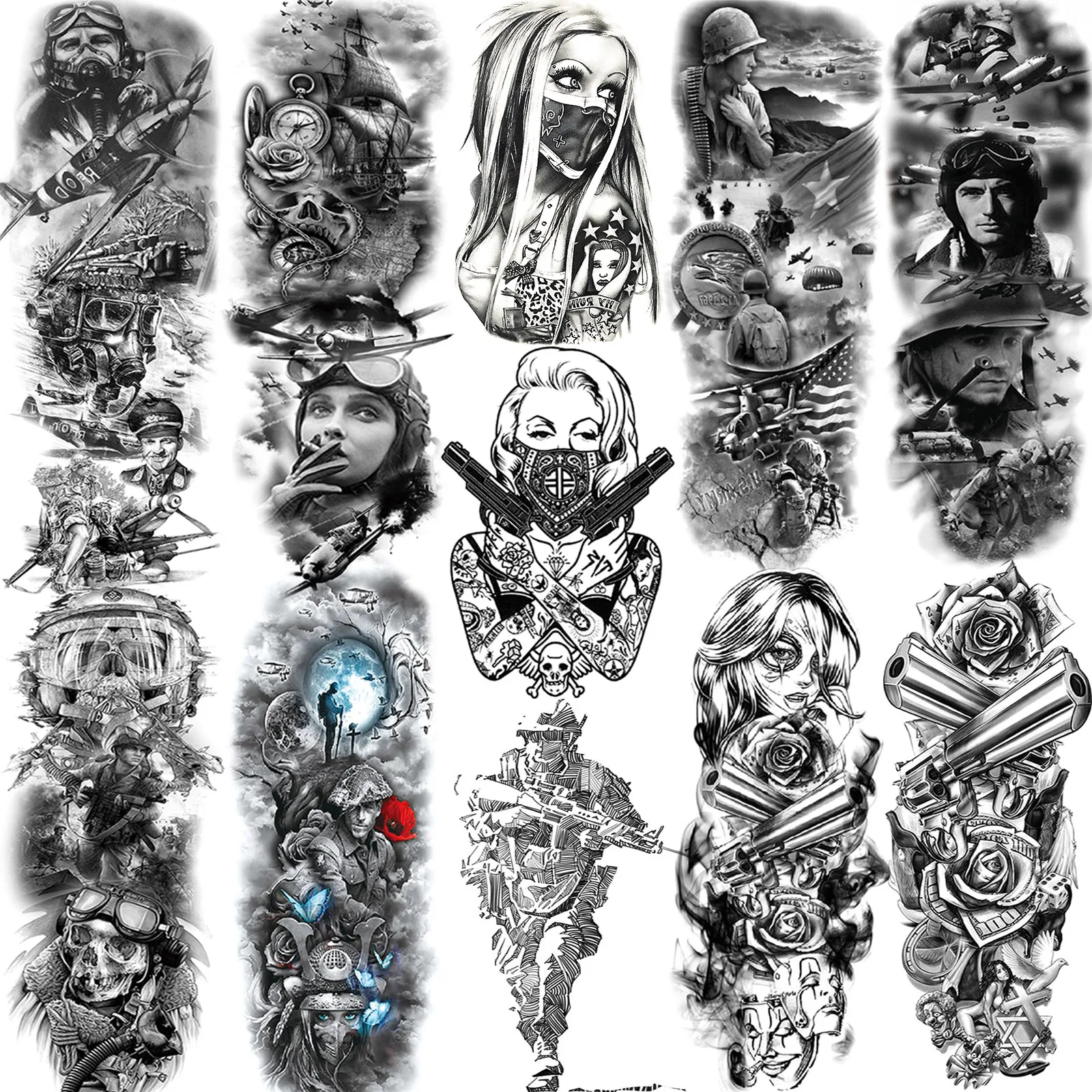 

Large Size Temporary Sleeve Tattoos For Men Adult Realistic Fake Washable Gangster Solider Tattoo Full Arm Black Makeup Painting