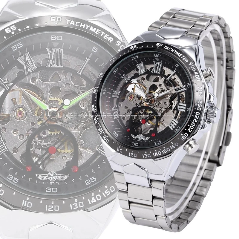 

Top Brand WINNER Men Watch Roman Numeral Hollow Dial Design Waterproof Stainless Steel Wristband Watches Automatic Winding Clock