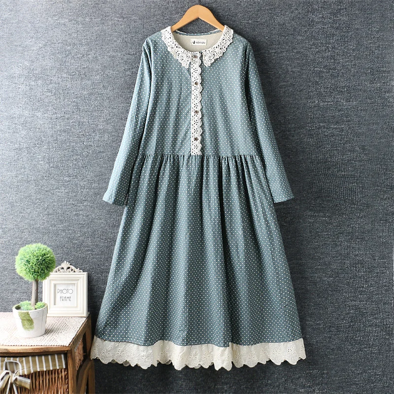 Новое весеннее женское платье из хлопка и льна свободное кружевное в горошек с