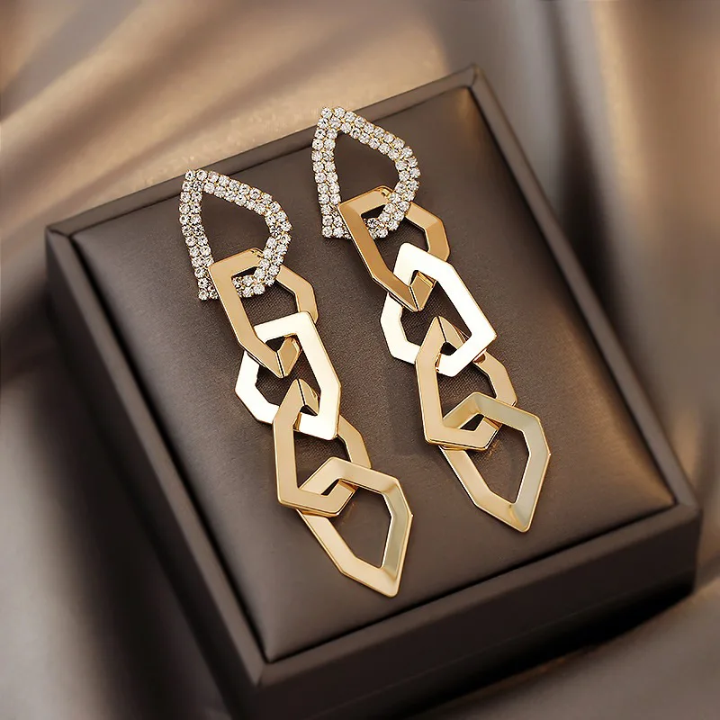 

LOVOACC Trendy Irregular Geometric Hollow Long Tassel Earring for Women Sparkly Rhinestones Metal Drop Dangle Earring Jewelry