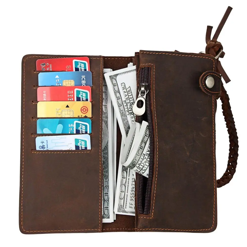 New Fashion Top Layer Cowskin Long Wallet with Braided Hand Strap Vintage Genuine Leather Coin Purse Luxury Card Clutch Bag
