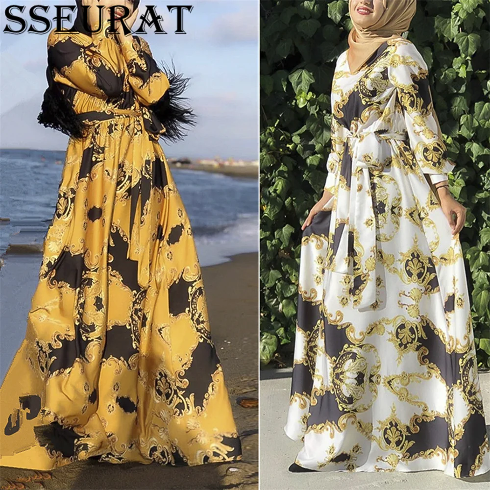 

SSEURAT 2021 Autumn Women Fashion Print Floor Length O-neck Maxi Dress for Women Long Sleeve Maxi Dresses Vestidos