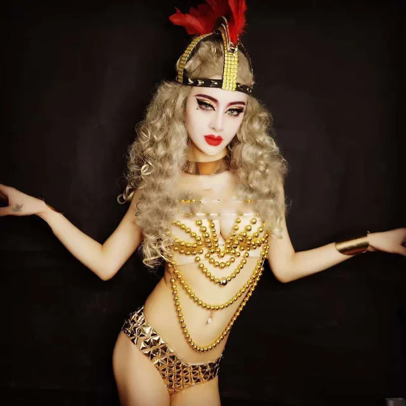 Kaufen Luxus Gold Strass Bikini Frauen Pole Dance Kleidung Feder Headwear Nachtclub Dj Bühne Kostüm Festival Outfits VDB3387