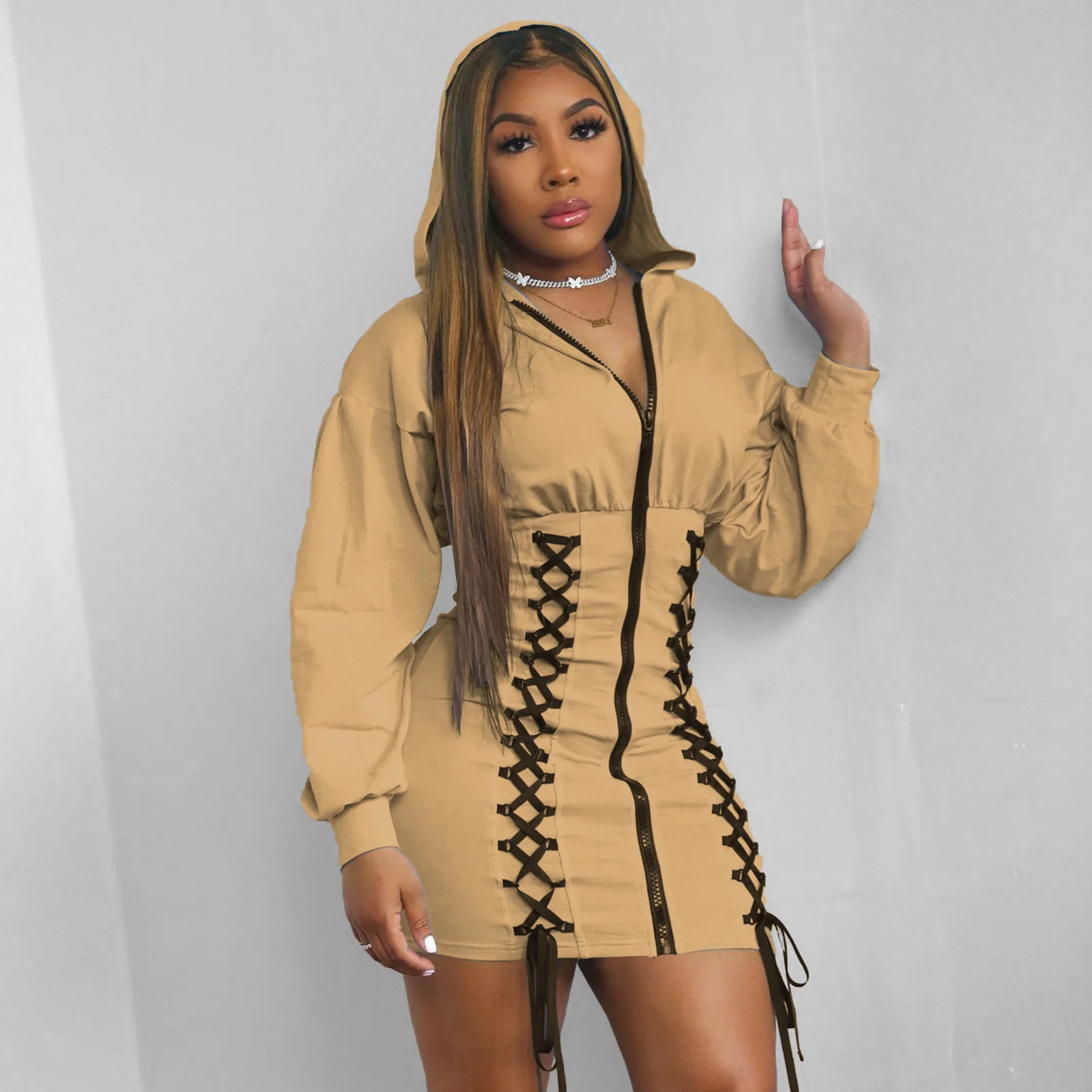 

European And American Fashion Women's Sexy Lace-up Decorative Hooded Long-sleeved Zipper Temperament Commuter Elegant DressWomen