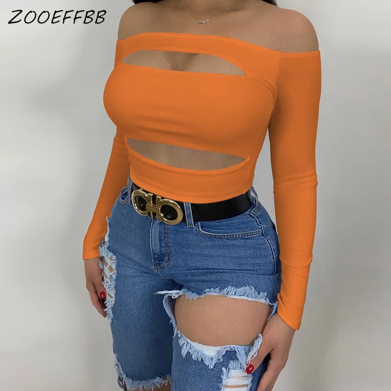 

ZOOEFFBB Knitted Backless Cut Out Crop Top Sexy Off Shoulder Long Sleeve T Shirt Women Fall Outfits Y2k Clothes Club Tee Tops