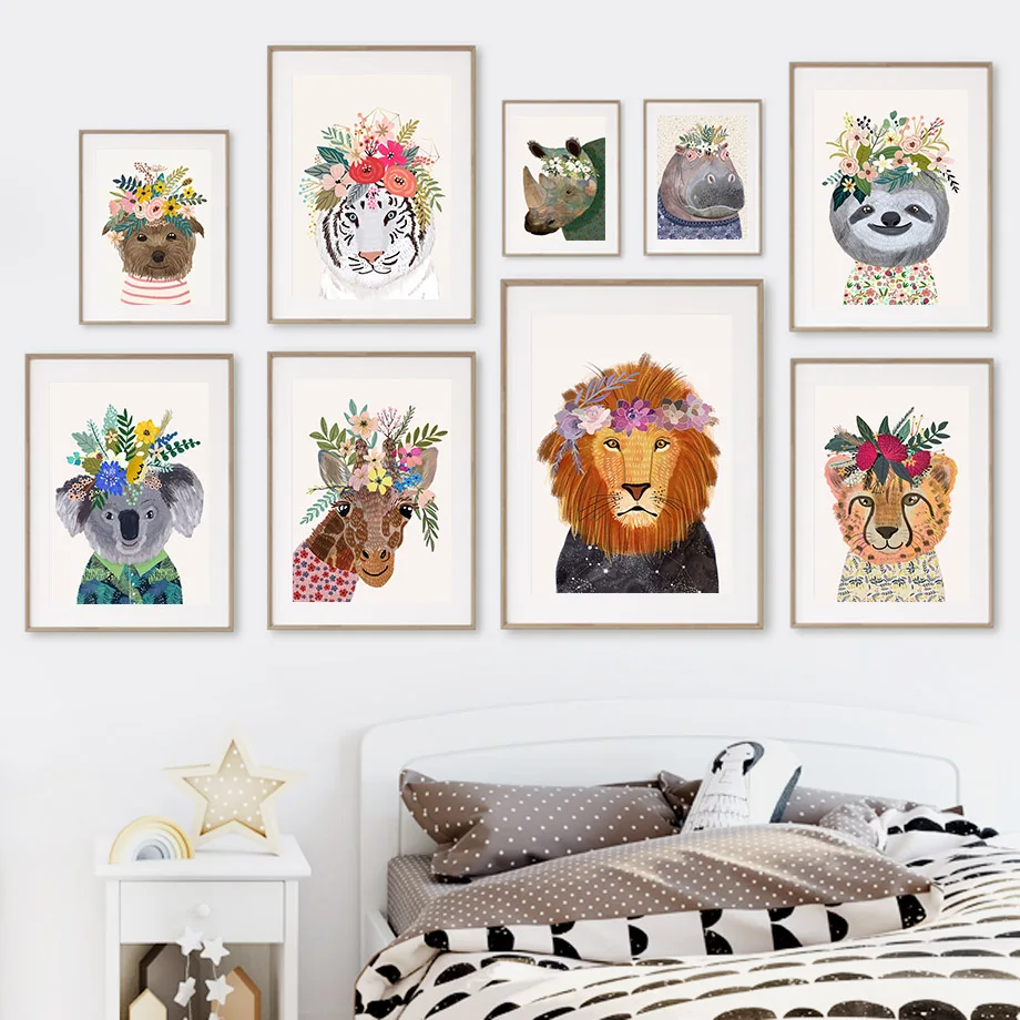 

Lion Giraffe Teddy Cheetah Koala Flower Wall Art Canvas Painting Nordic Posters And Prints Wall For Living Room Pictures Decor