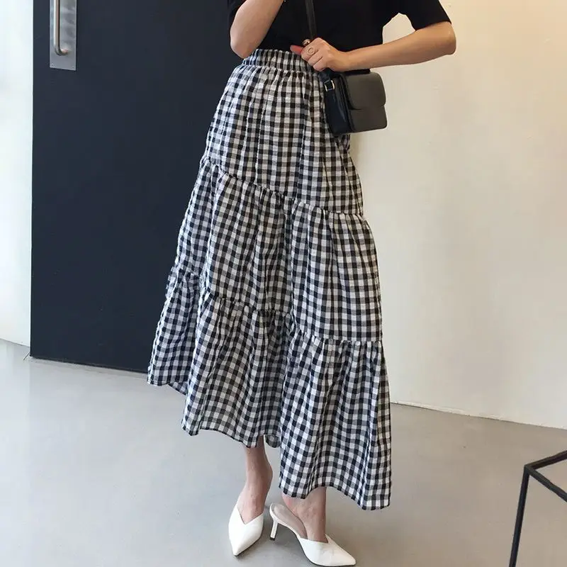 

Faldas Mujer Moda 2021Summer New Elastic waist Fashion Casual Lattice Contrast color Stitching Asymmetrical Long Maxi Skirts