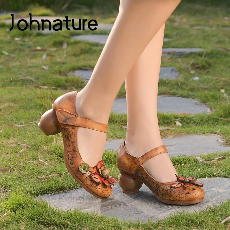 

Женские туфли из натуральной кожи Johnature, туфли-лодочки на высоком каблуке, с круглым носком, с цветочным узором, на липучке, в стиле ретро, для...