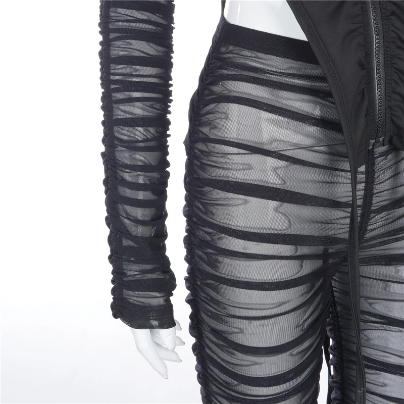

Adogirl Women Sheer Mesh Ruched Pencil Pants Sexy Night Club Trousers Zipper Halter Off Shoulder Top Camis