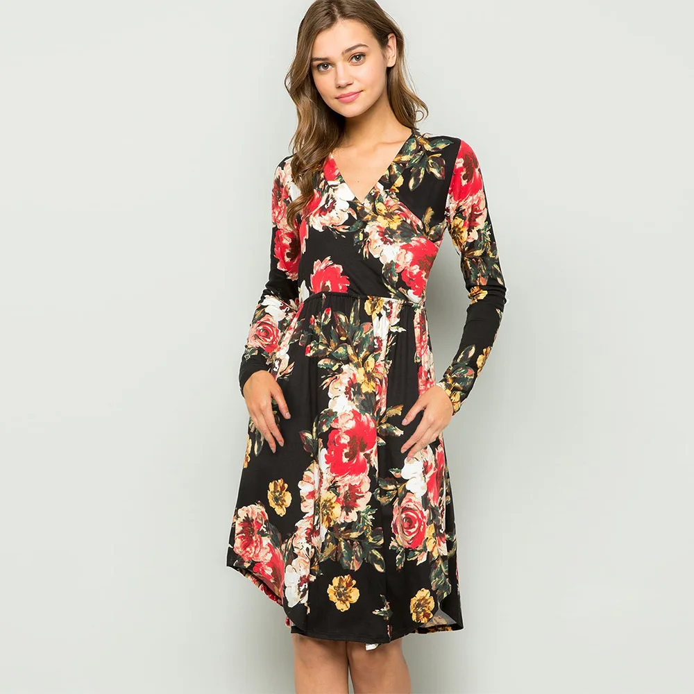 

European and American Autumn and Winter New Women's 2021 V-neck Slim Long-sleeved Printed Dress Wholesale A-line Skirt Dresses