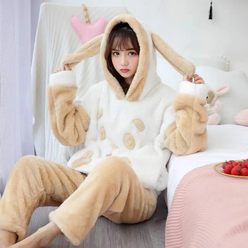 Plus Velvet Thick Pajamas Set Flannel New Pajamas Women Autumn and Winter Cute Hooded Coral Fleece Warm Female Long Sleeves