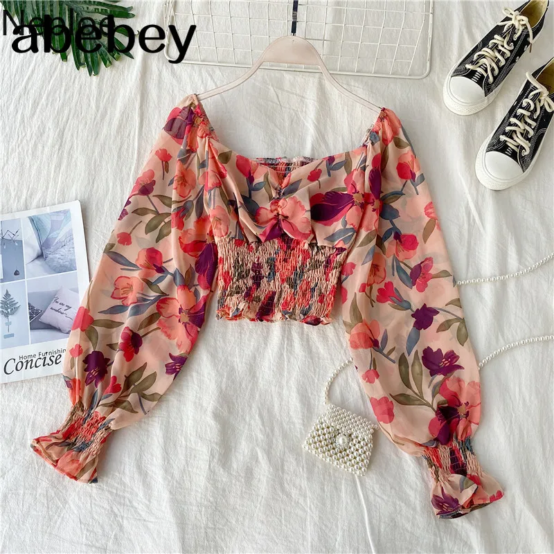 

Retro Wooden Ear Print Blouse Holiday Beach Style Slim Fit Pleat Blusas Square Collar Off Shoulder Chiffon Shirt 48982
