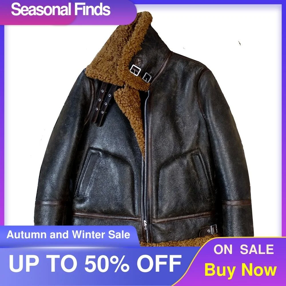 

Dark 2021 Brown Military Style B6 Genuine Shearling Jacket Large Size 3XL Real Thick Sheepskin Russian Winter Warm Coat