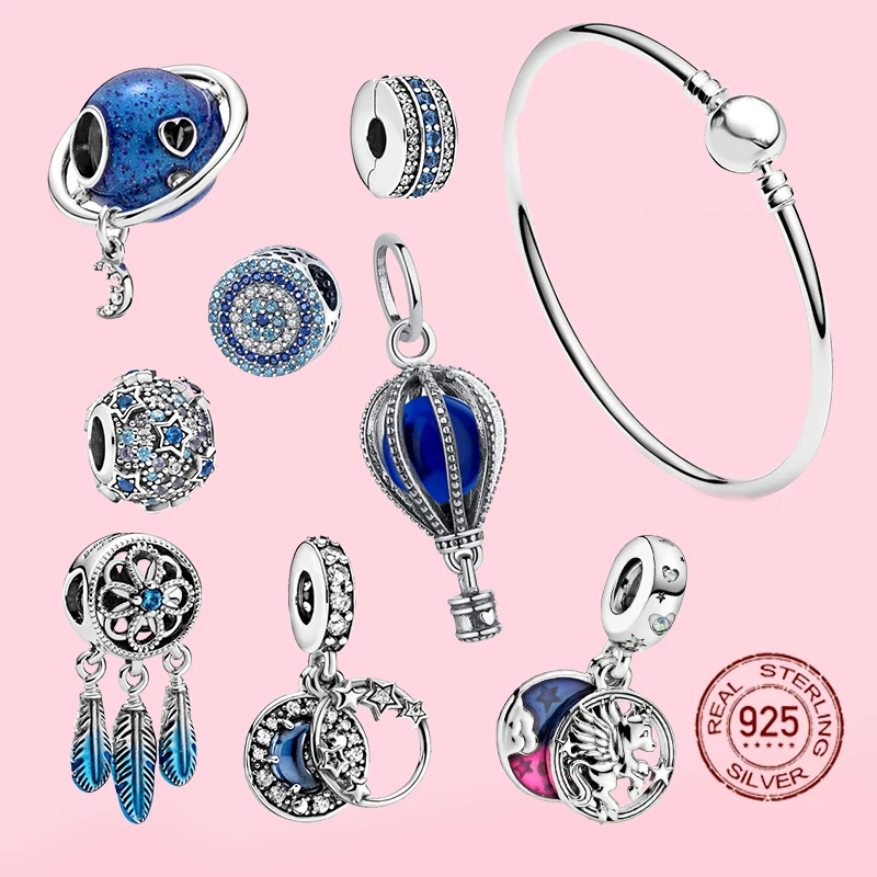 

2021 New 925 Silver Pandora Blue Earth Star Moon Charms Beads Fit Original Sliver Bracelet For Women DIY Jewelry Making Gift