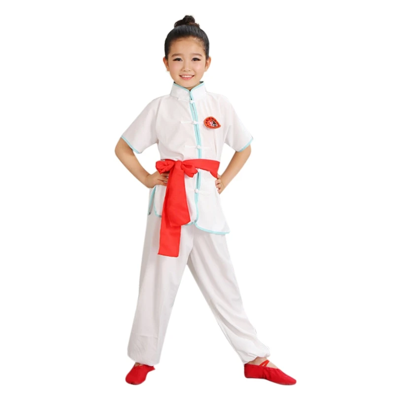 white with belt New Wushu Costume Children Chinese Traditional Clothing Kids Martial Arts Uniform Kung Fu Suit Girls Boys Stage Performance Set - Цвет: white with belt