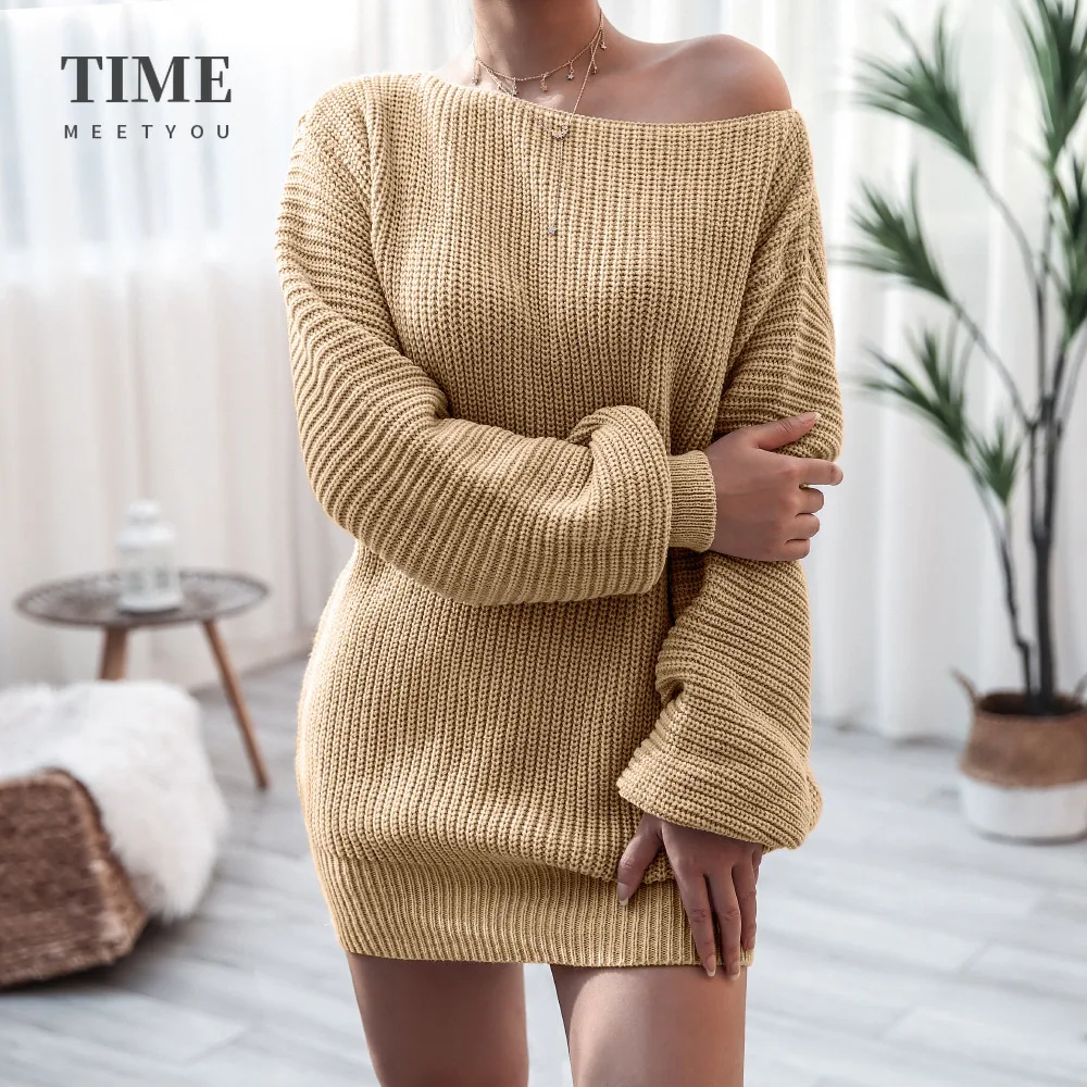 

Women off Shoulder Knitted Sweater Dresses Autumn Winter Lantern Long Sleeve Ladies Casual Knit Dress Mini Sexy Warm Comfortable