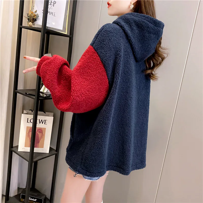 

Imitation Lamb Wool Hoody Women 2020 Autumn Winter Fashion New Bf Style Embroidery Hooded Long-Sleeved Top Trendy 348